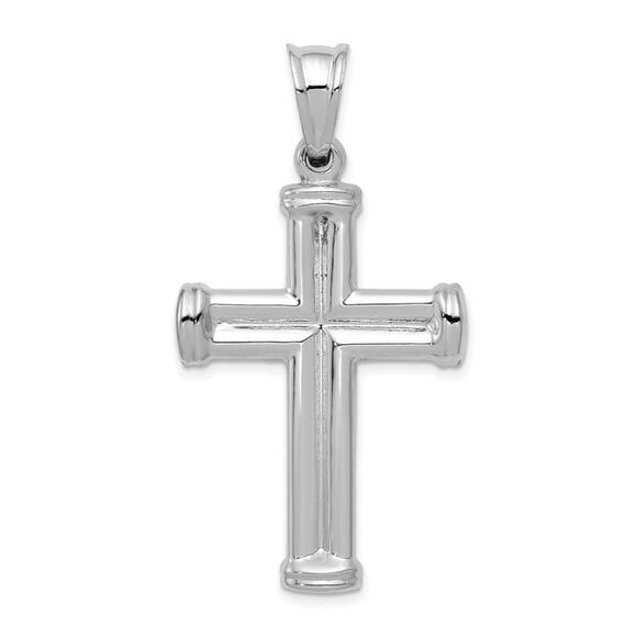 Men's 14k White Gold Hollow 3D Grooved Cross Pendant 24 x 42mm